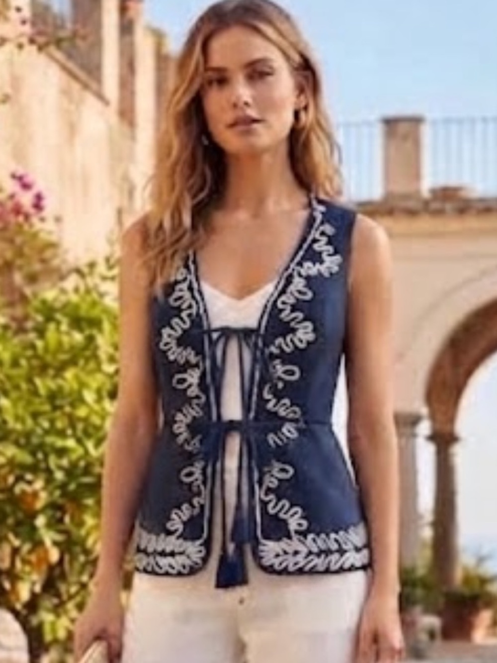 New Rachel Zoe Navy Sleeveless Embroidered Tie-Front Top size M